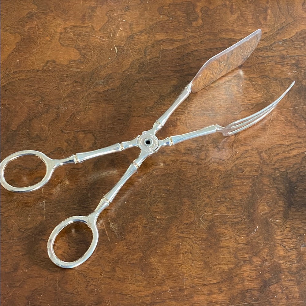 Vintage Silver Serving Tongs scissor style hinged silverplate fork made in Italy